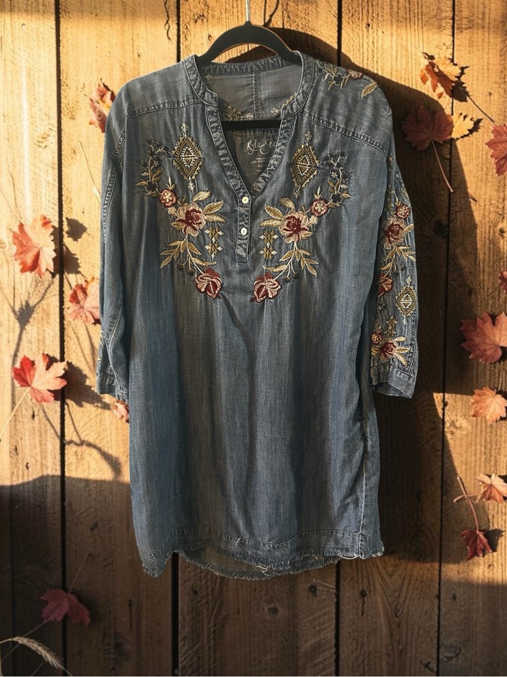 Kyla Seo XS Floral Embroidered Chambray Tunic Dress 100% Tencel Denim Bohemian